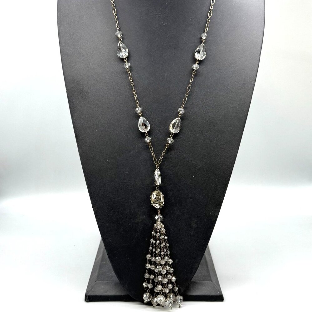 Sweet Lola Clear Crystal Beaded Station Tassels Chain Y Drop Neckline
